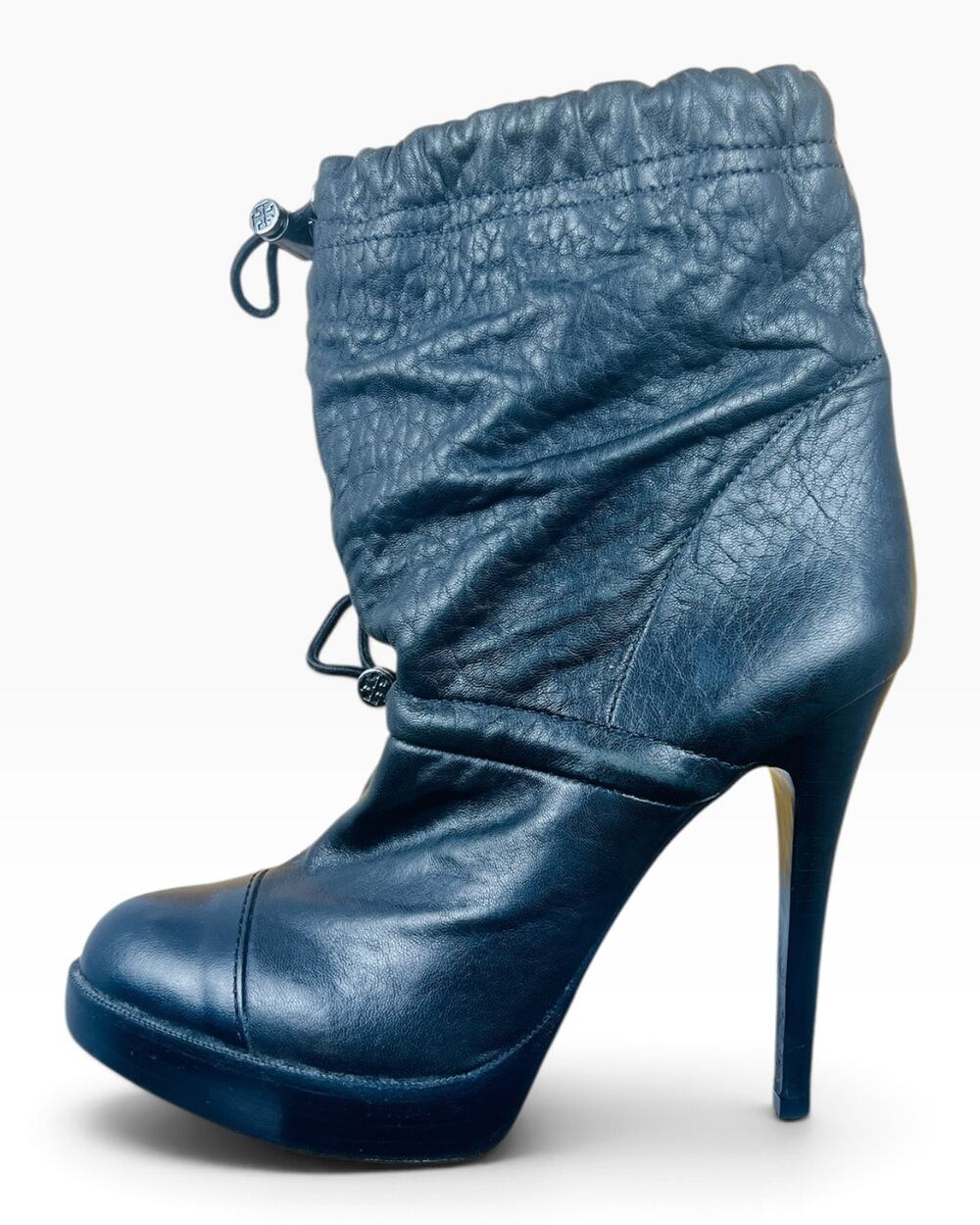 Tory Burch Black Leather Slouch Drawstring Cap Toe Platform Stiletto Boots 8M